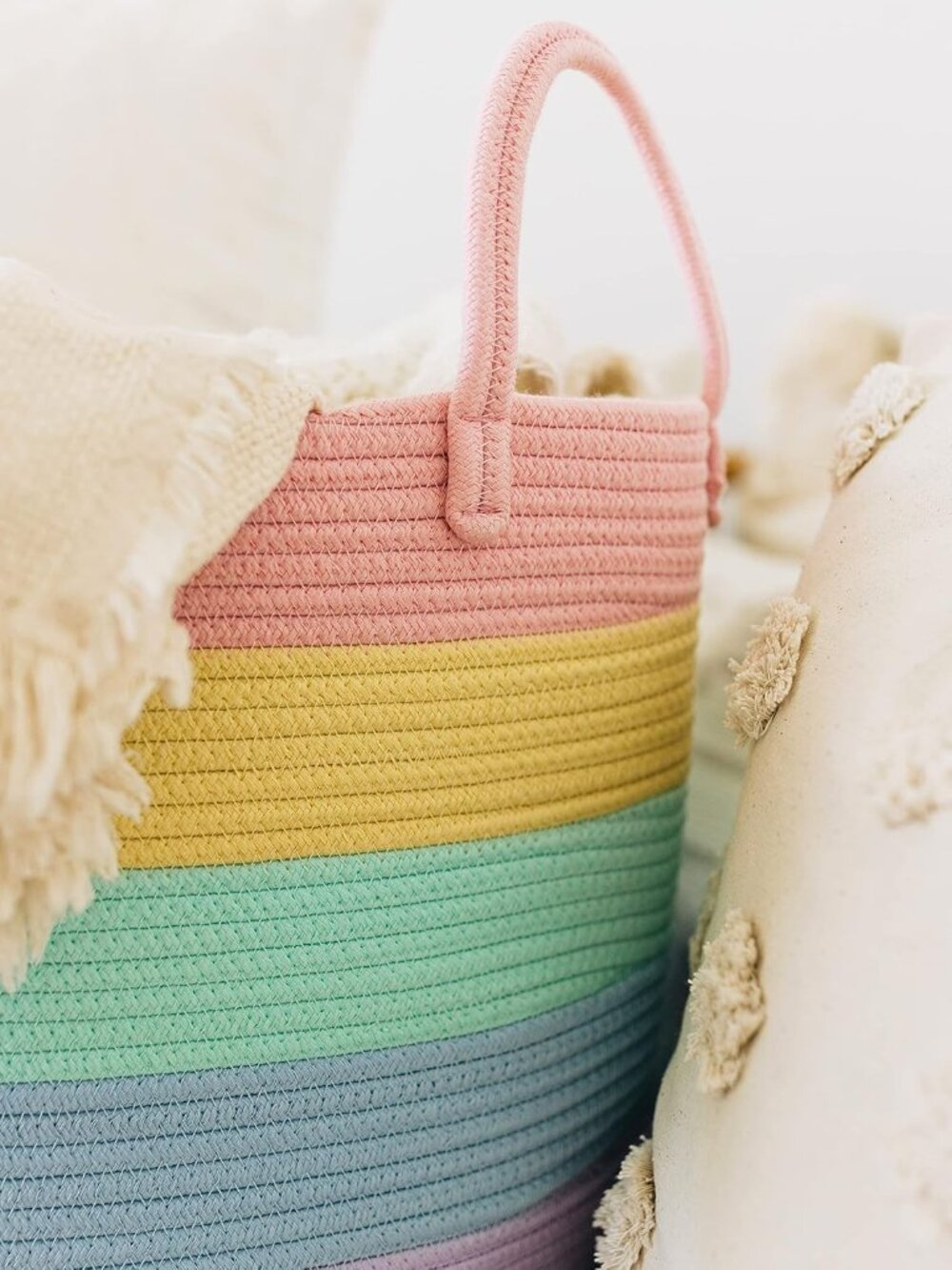 Rainbow Toy Basket & Blanket Storage Bin, Nursery 20x13" | Rainbow Pastel - Roun - Picture 6 of 8